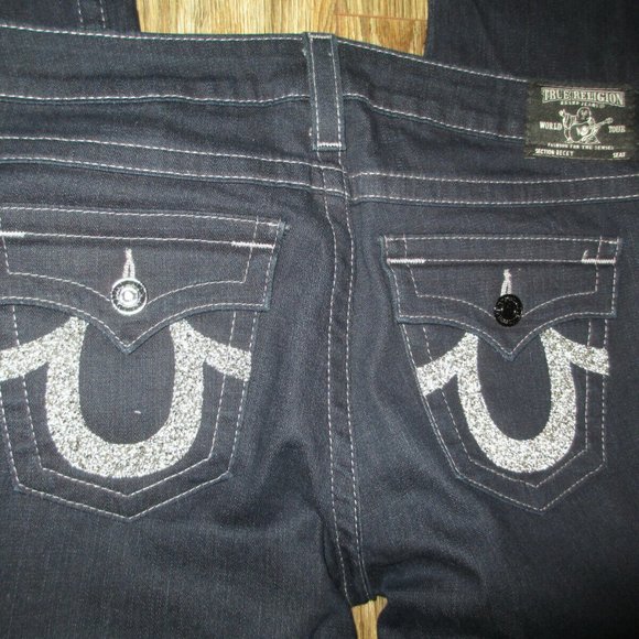 SIZE 32 TRUE RELIGION BECKY CRYSTAL PAVE SLIM BOOTCUT DARK RINSE JEANS womens - Picture 9 of 11
